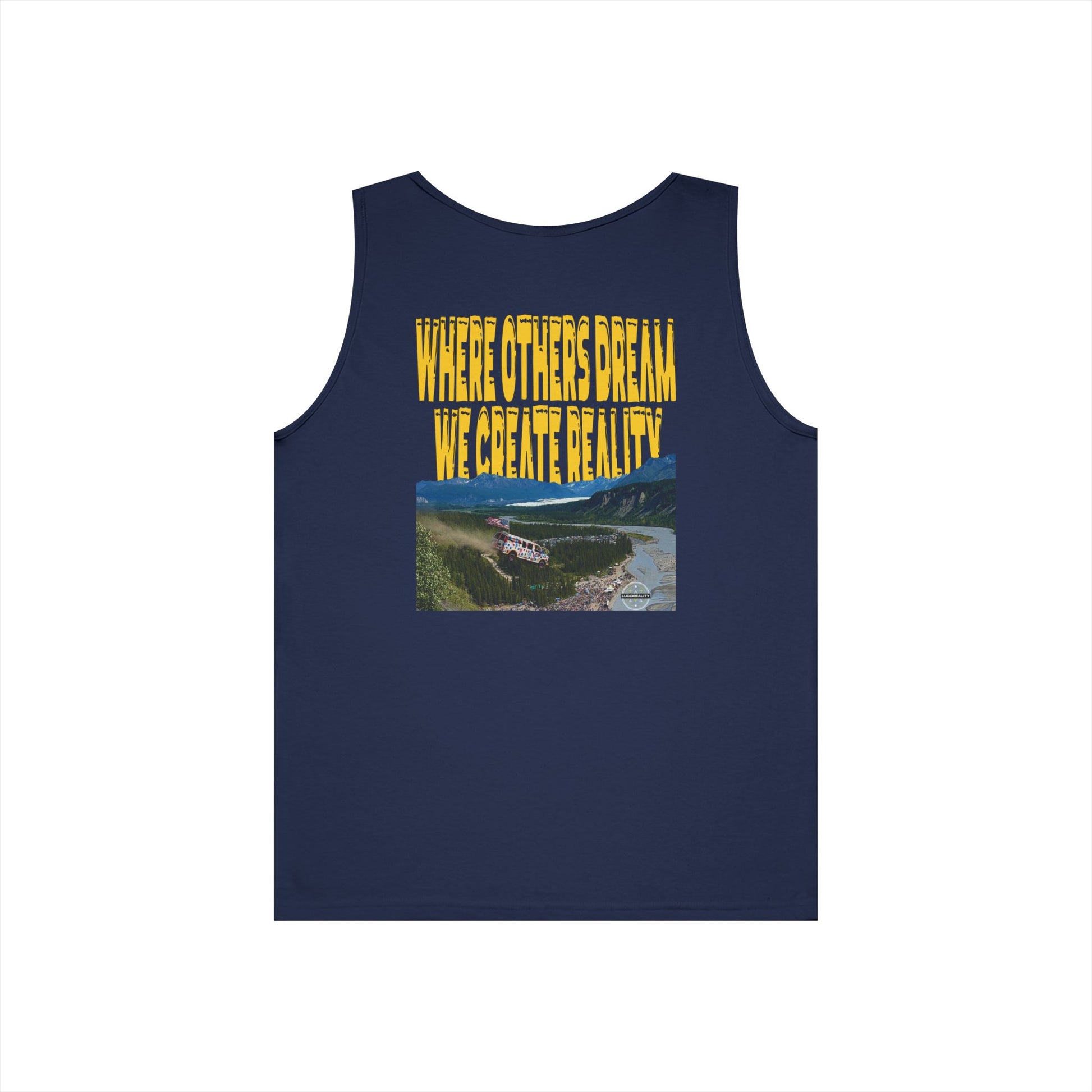 Navy Where Others Dream tank, WHERE OTHERS DREAM WE CREATE REALITY back graphic, flat lay