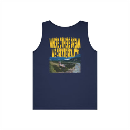 Navy Where Others Dream tank, WHERE OTHERS DREAM WE CREATE REALITY back graphic, flat lay