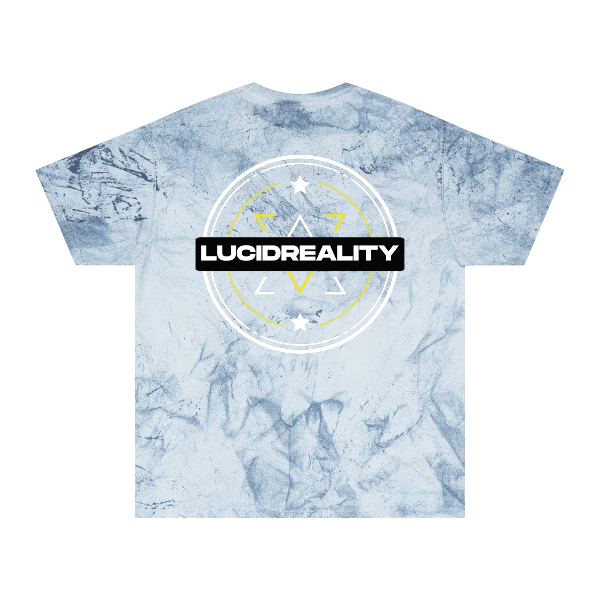Ocean Color Blast tee, marbled blue, circular emblem back graphic, flat