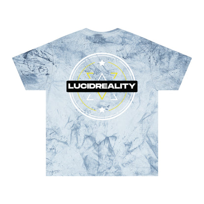 Ocean Color Blast tee, marbled blue, circular emblem back graphic, flat