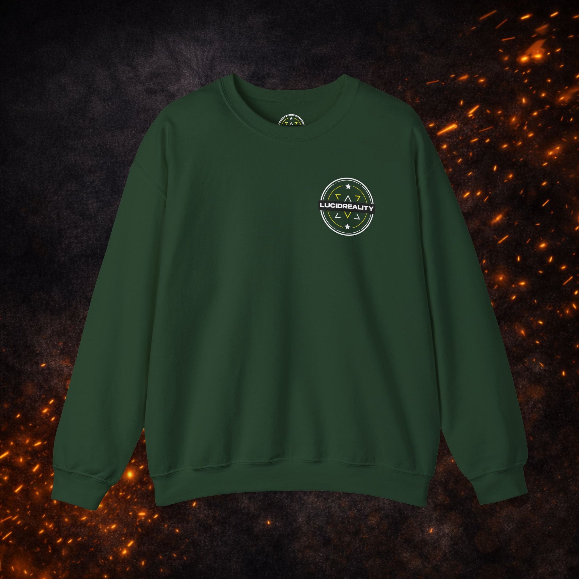 Front view of the green Lucid Reality Crewneck Sweatshirt with small circular chest logo.