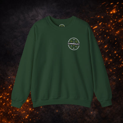 Front view of the green Lucid Reality Crewneck Sweatshirt with small circular chest logo.