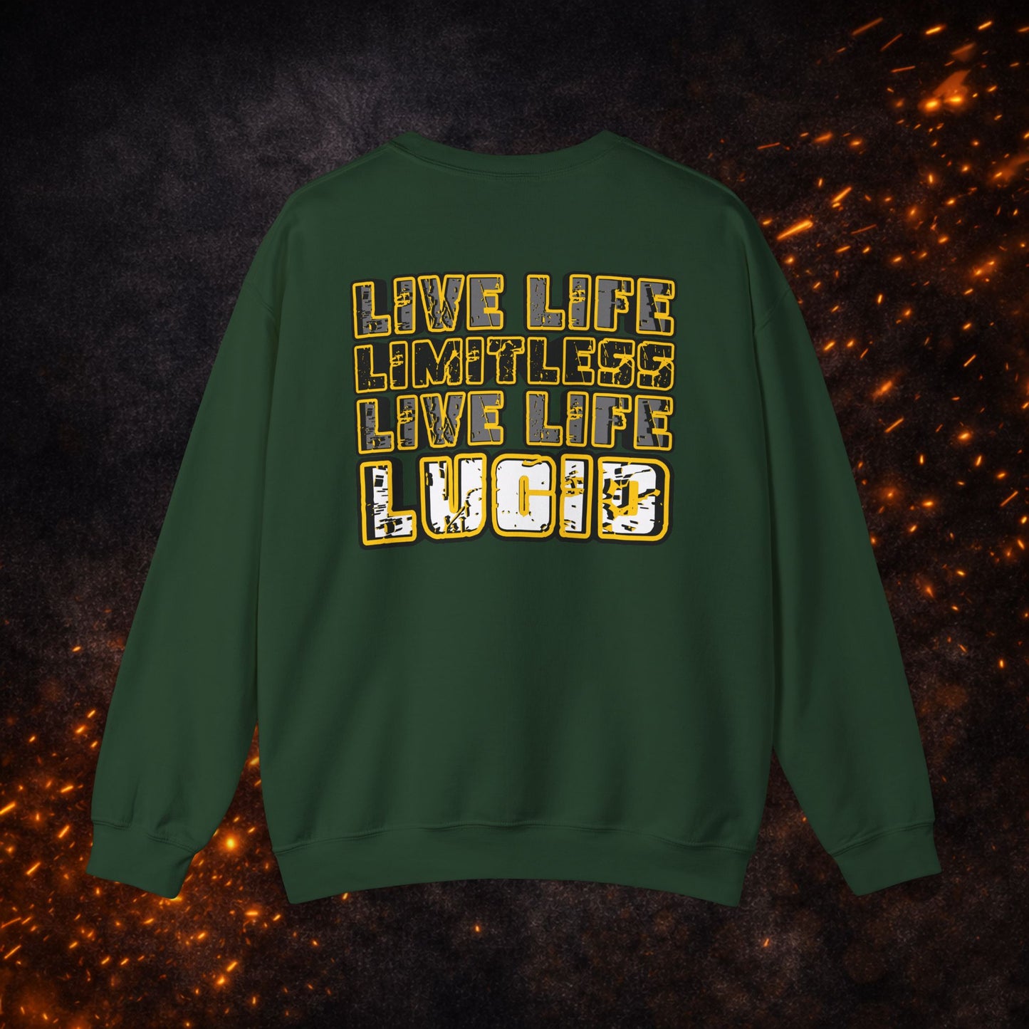 Back view of the green "Live Life Limitless Live Life Lucid" Crewneck Sweatshirt with gold text design.