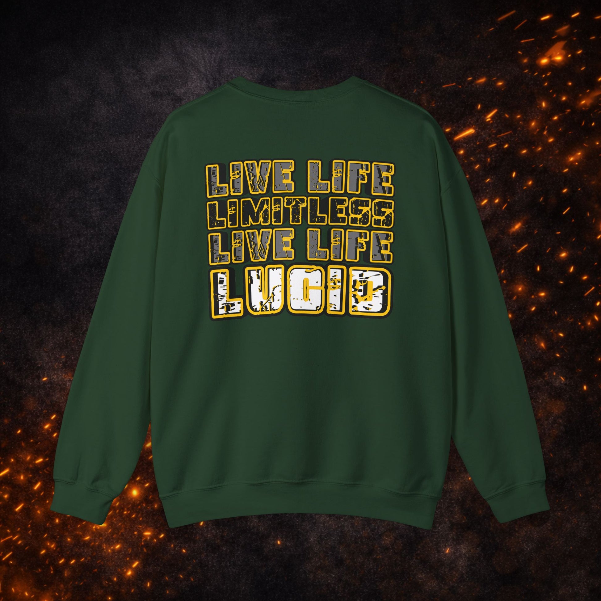 Back view of the green "Live Life Limitless Live Life Lucid" Crewneck Sweatshirt with gold text design.