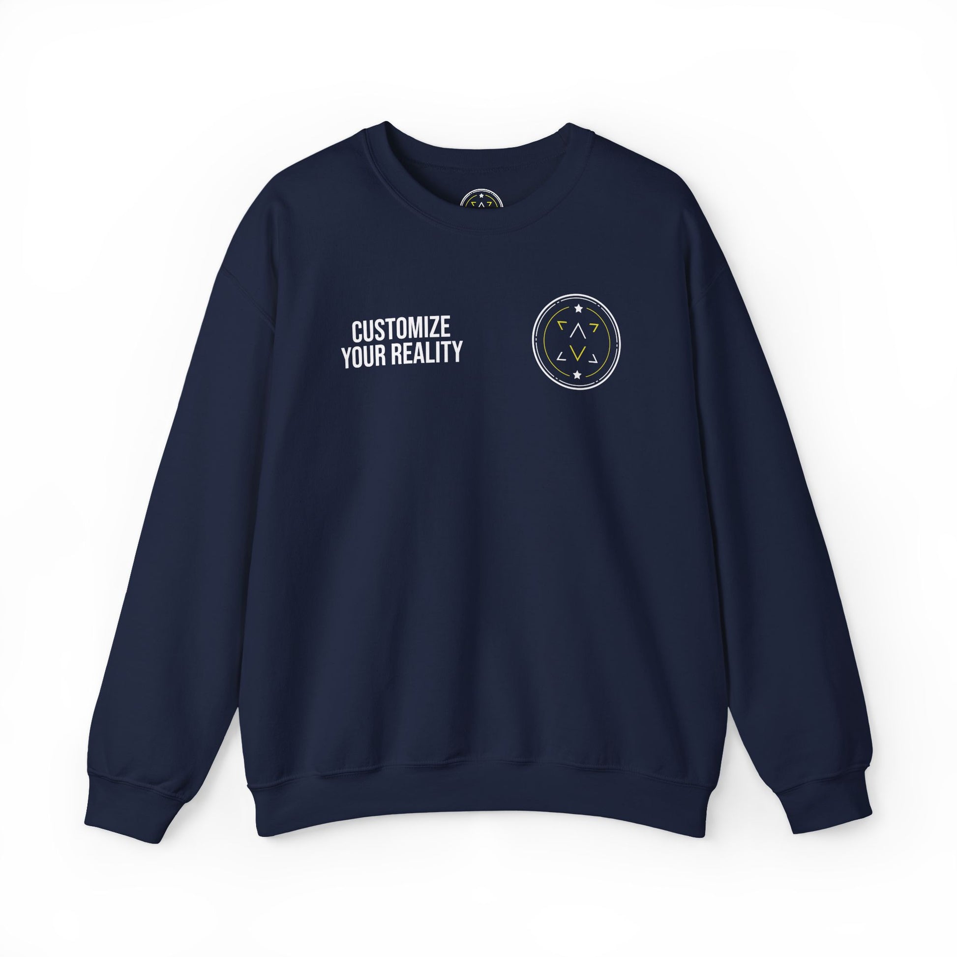Navy custom Lucid Reality crewneck, front view, flat