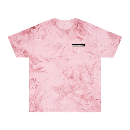 Clay Color Blast tee, marbled rust, front Lucid Reality emblem, flat