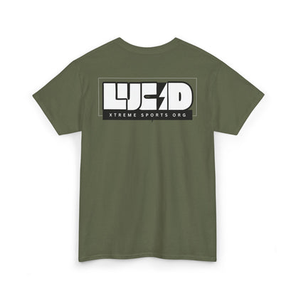 Military green Lucid Reality tee, block LUCID logo back graphic, flat