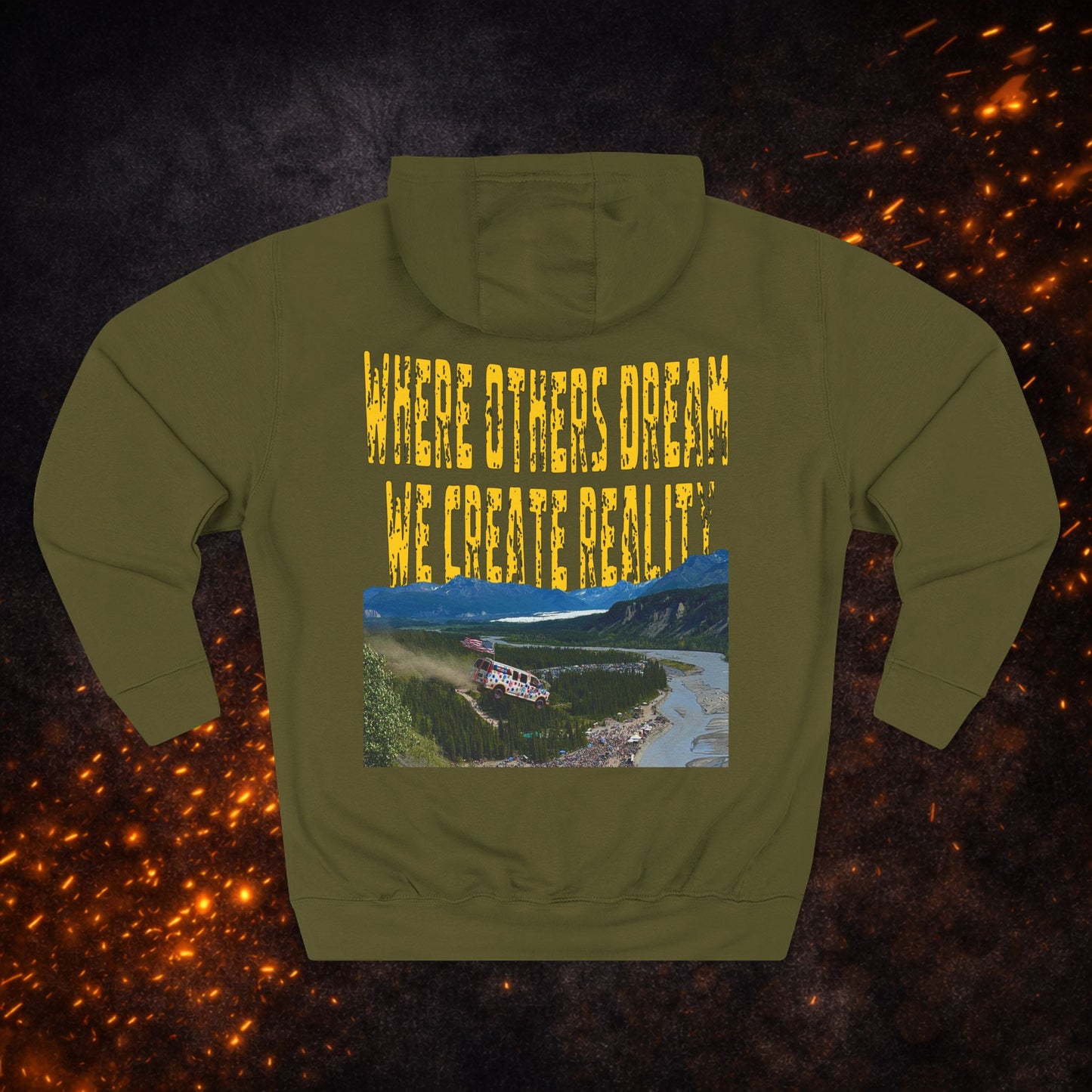 Back view of the military green "Where Others Dream We Create Reality" Fleece Pullover Hoodie with landscape graphic.