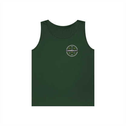 Forest Green Lucid Reality Emblem tank, front Lucid Reality logo, flat lay