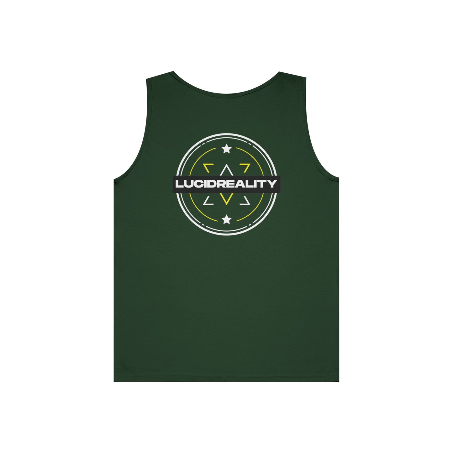 Forest Green Lucid Reality Emblem tank, full circular Lucid Reality emblem back graphic, flat lay