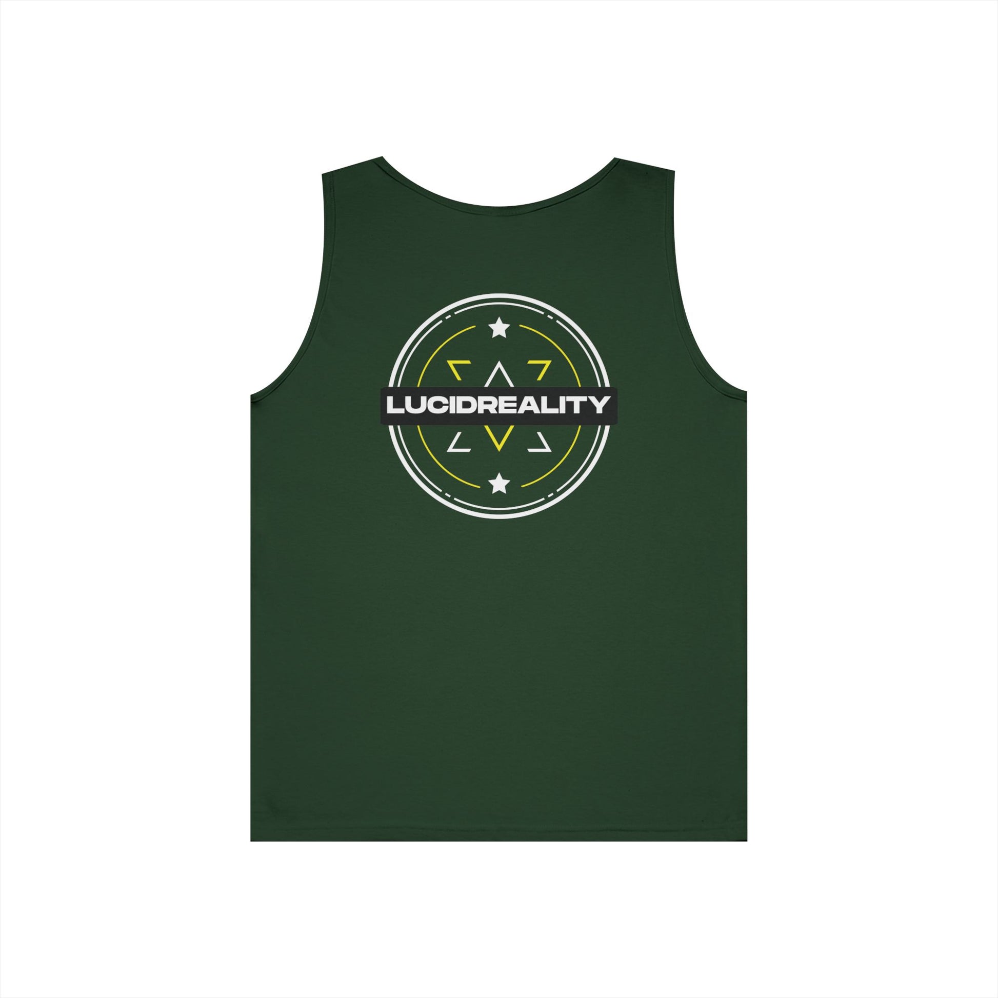 Forest Green Lucid Reality Emblem tank, full circular Lucid Reality emblem back graphic, flat lay