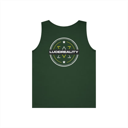 Forest Green Lucid Reality Emblem tank, full circular Lucid Reality emblem back graphic, flat lay