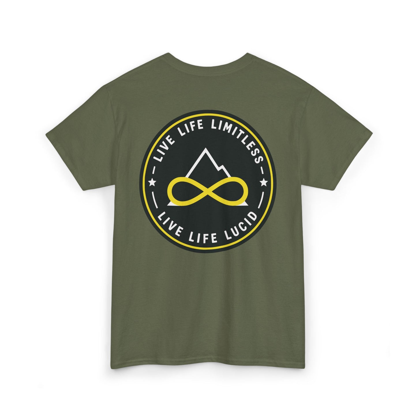 Sand Live Life Limitless Badge Tee, back badge graphic, flat lay