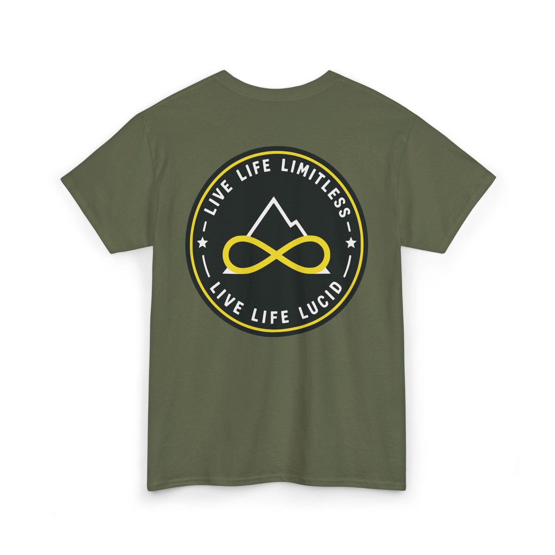 Sand Live Life Limitless Badge Tee, back badge graphic, flat lay