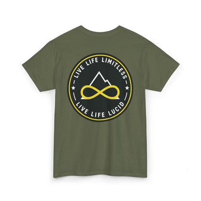 Sand Live Life Limitless Badge Tee, back badge graphic, flat lay