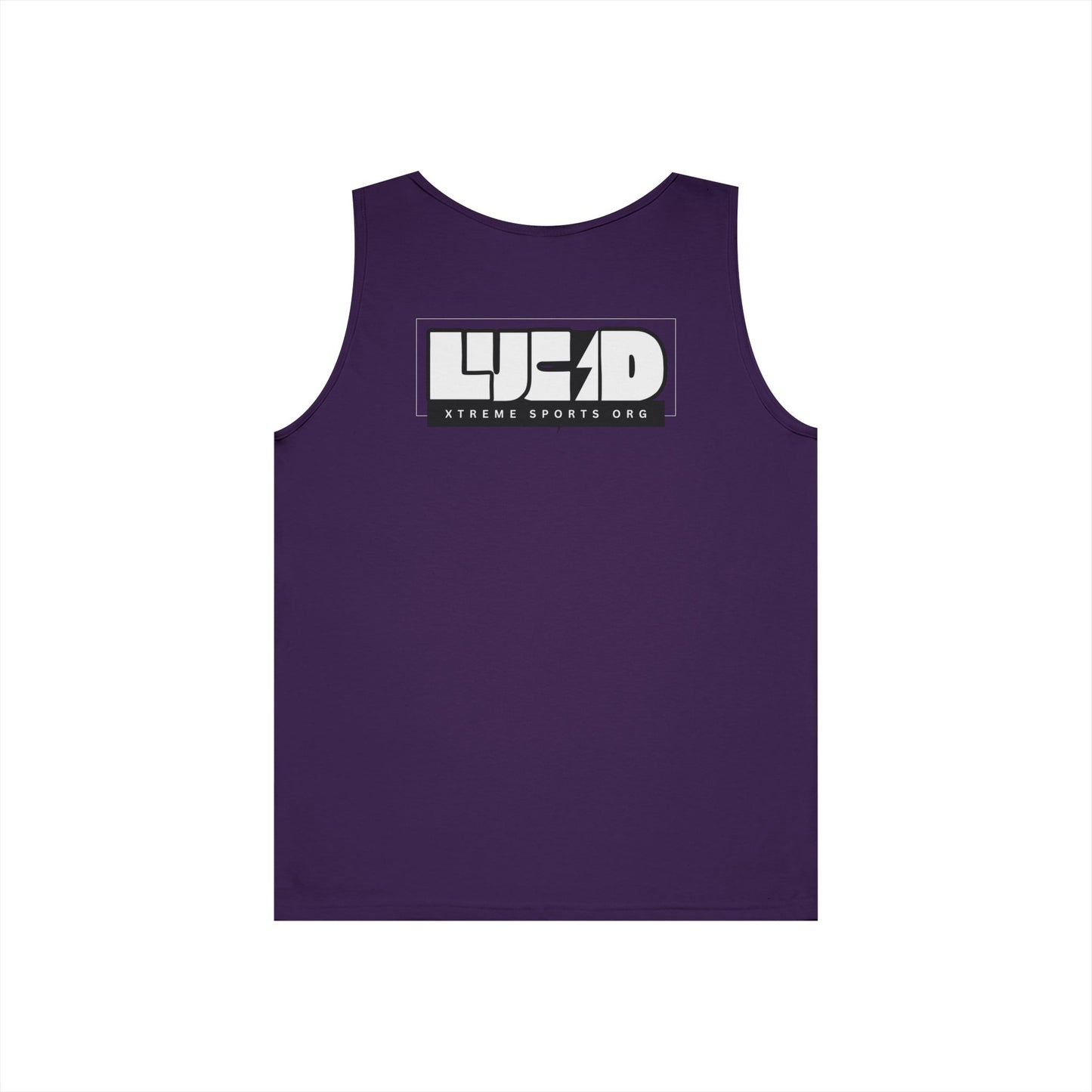 Purple Lucid Block Logo tank, block LUCID logo with lightning bolt back graphic, flat lay