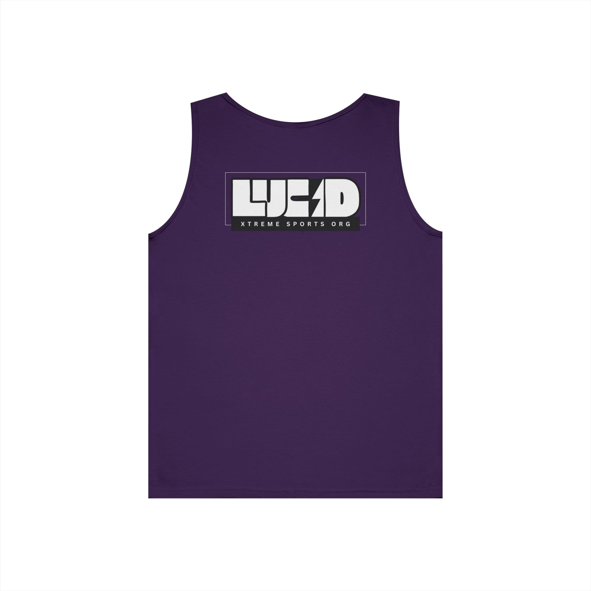 Purple Lucid Block Logo tank, block LUCID logo with lightning bolt back graphic, flat lay