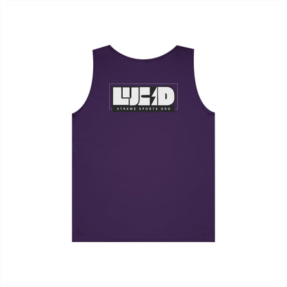 Purple Lucid Block Logo tank, block LUCID logo with lightning bolt back graphic, flat lay