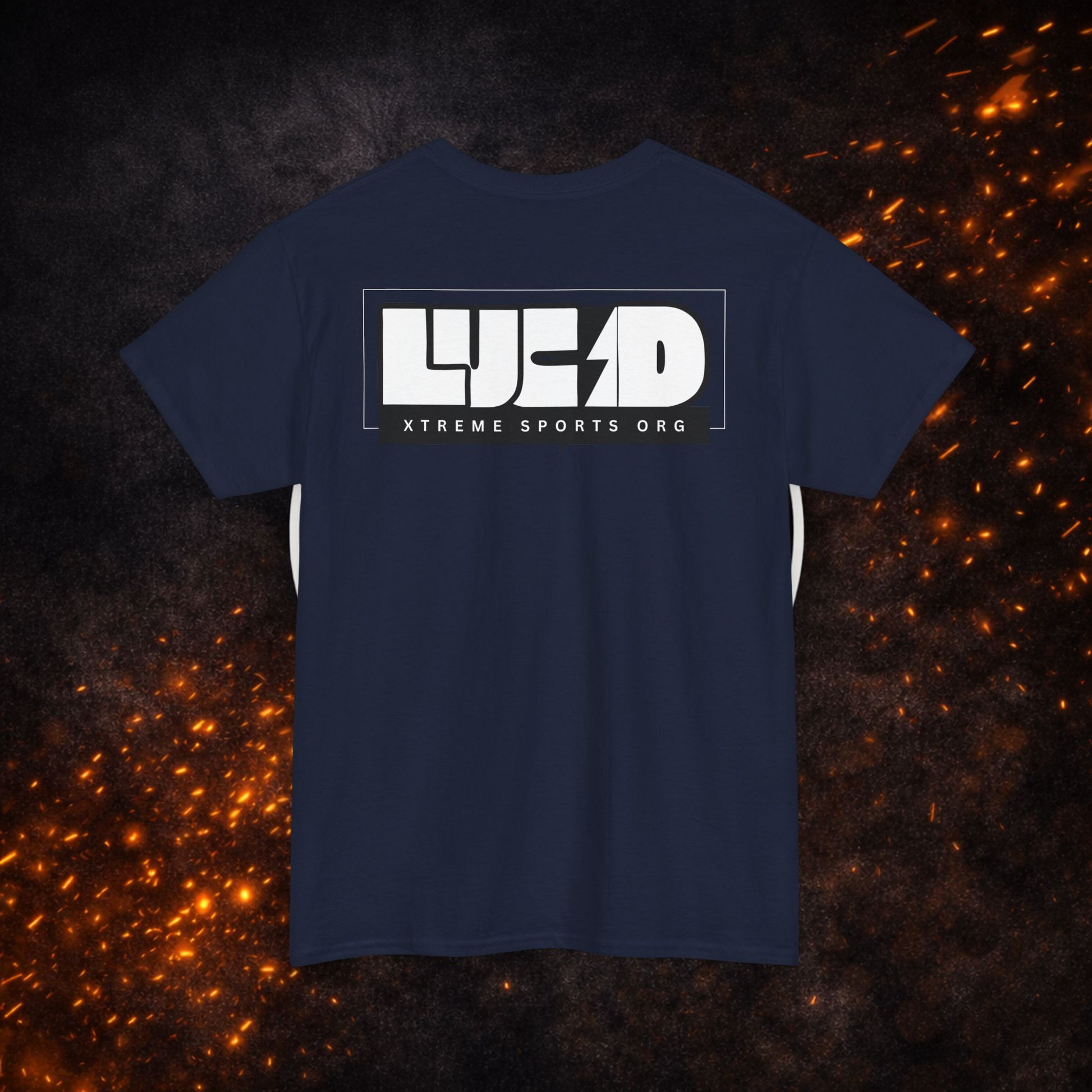 Back view of the navy blue Lightning Bolt Tee with white "LUCID" lightning bolt design.