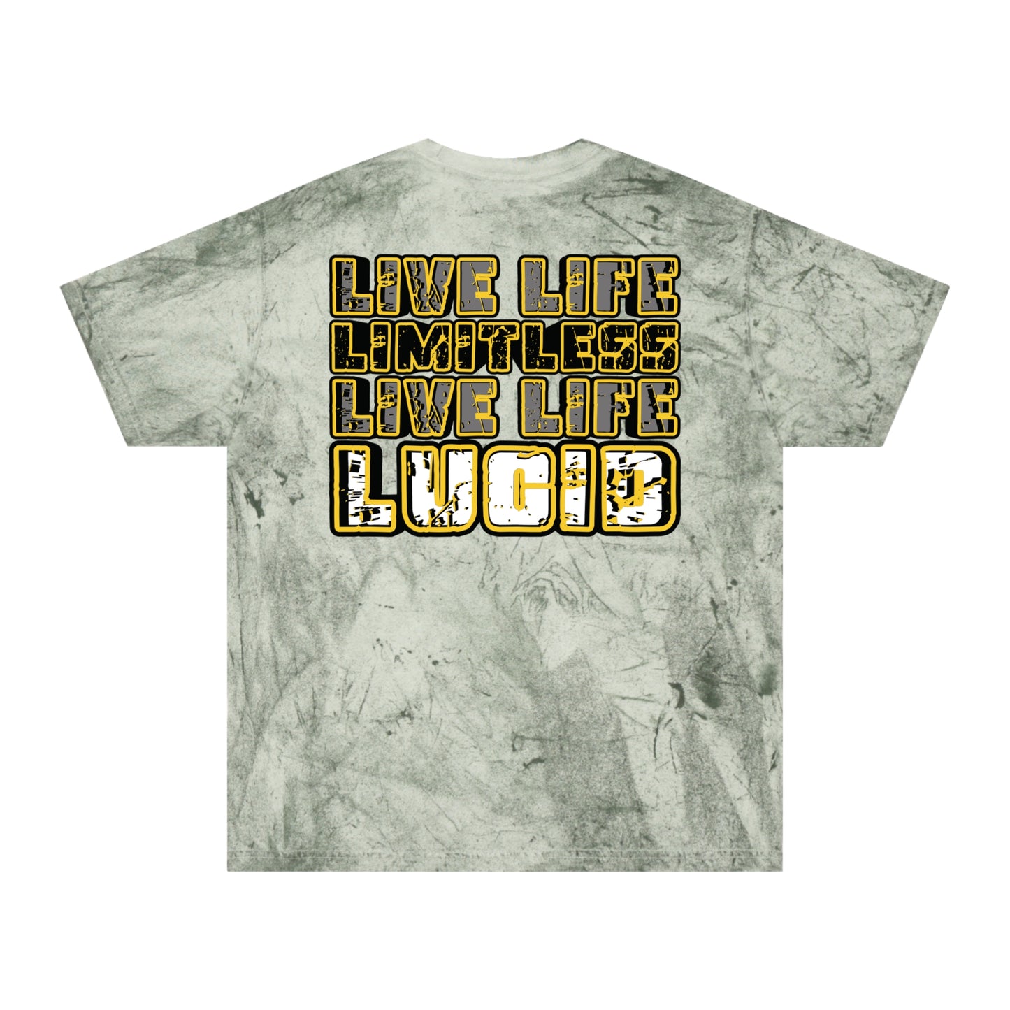 Fern Color Blast tee, marbled green, Live Life Limitless back graphic, flat