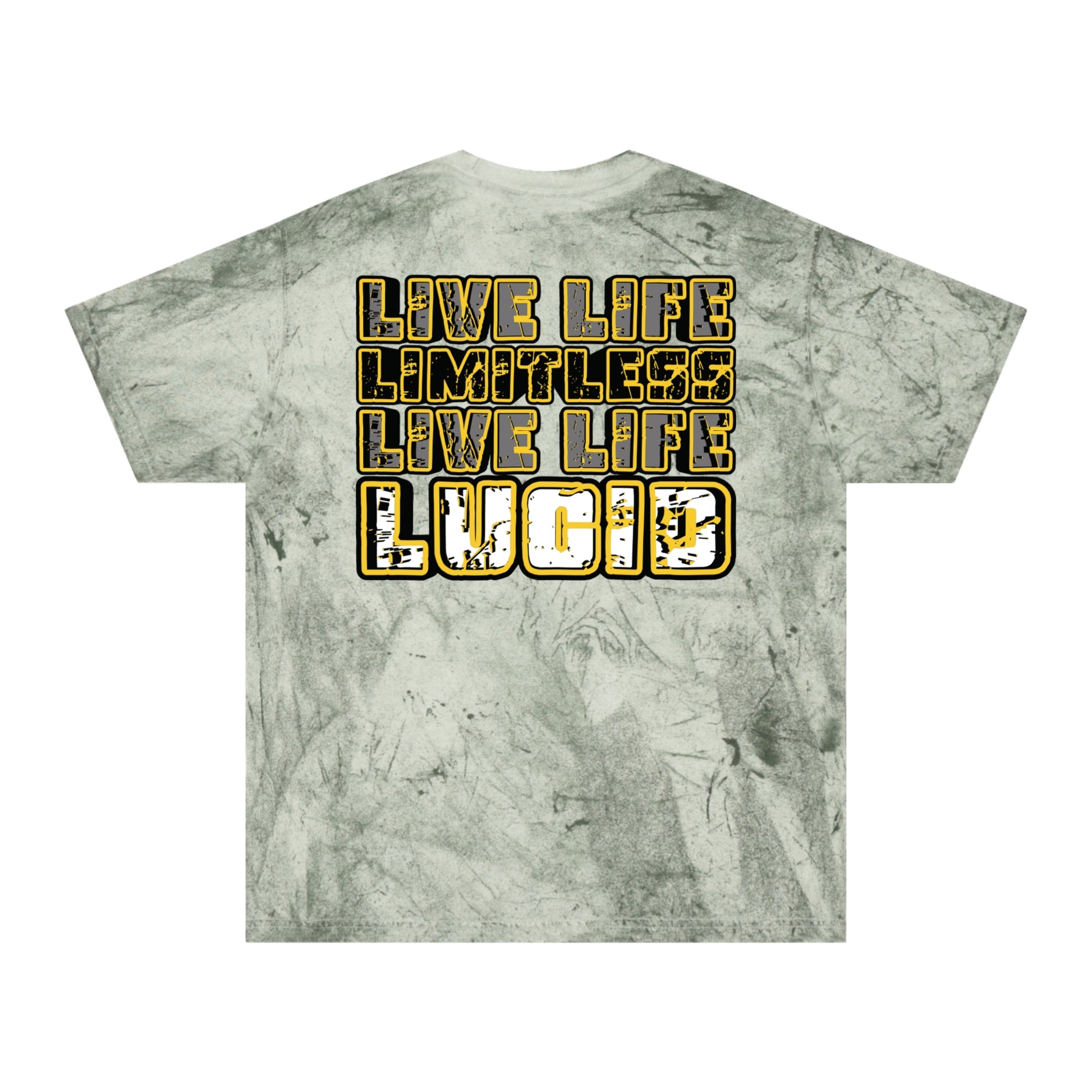 Fern Color Blast tee, marbled green, Live Life Limitless back graphic, flat