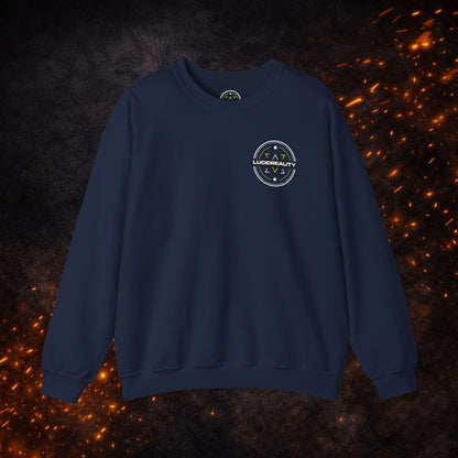 Front view of the navy blue Lucid Reality Crewneck Sweatshirt with small circular logo on the chest.