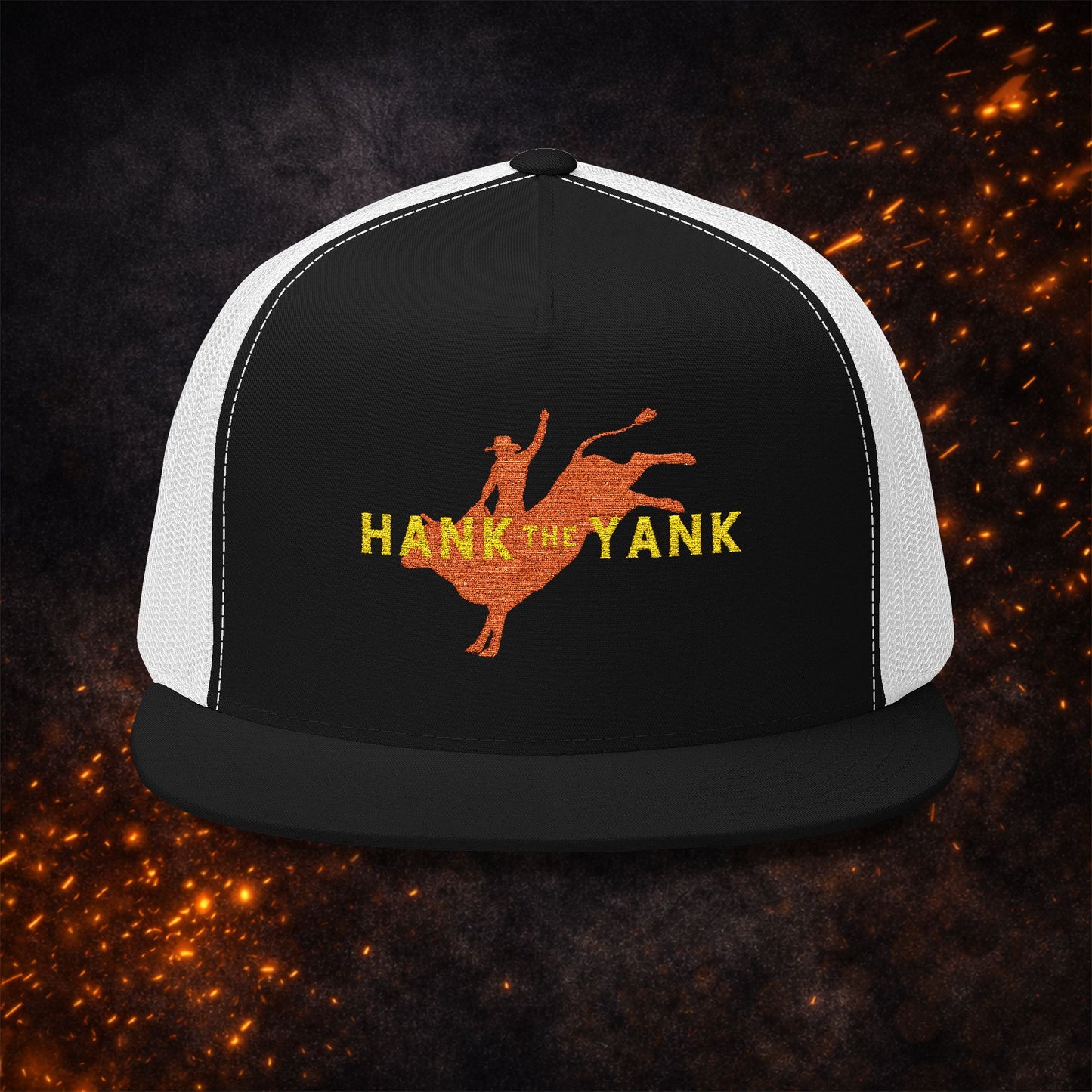 Lucid Reality x Hank The Yank Longhorn Trucker Cap in black with white mesh back, featuring the red longhorn bull rider design.