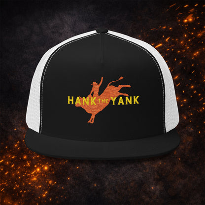 Lucid Reality x Hank The Yank Longhorn Trucker Cap in black with white mesh back, featuring the red longhorn bull rider design.