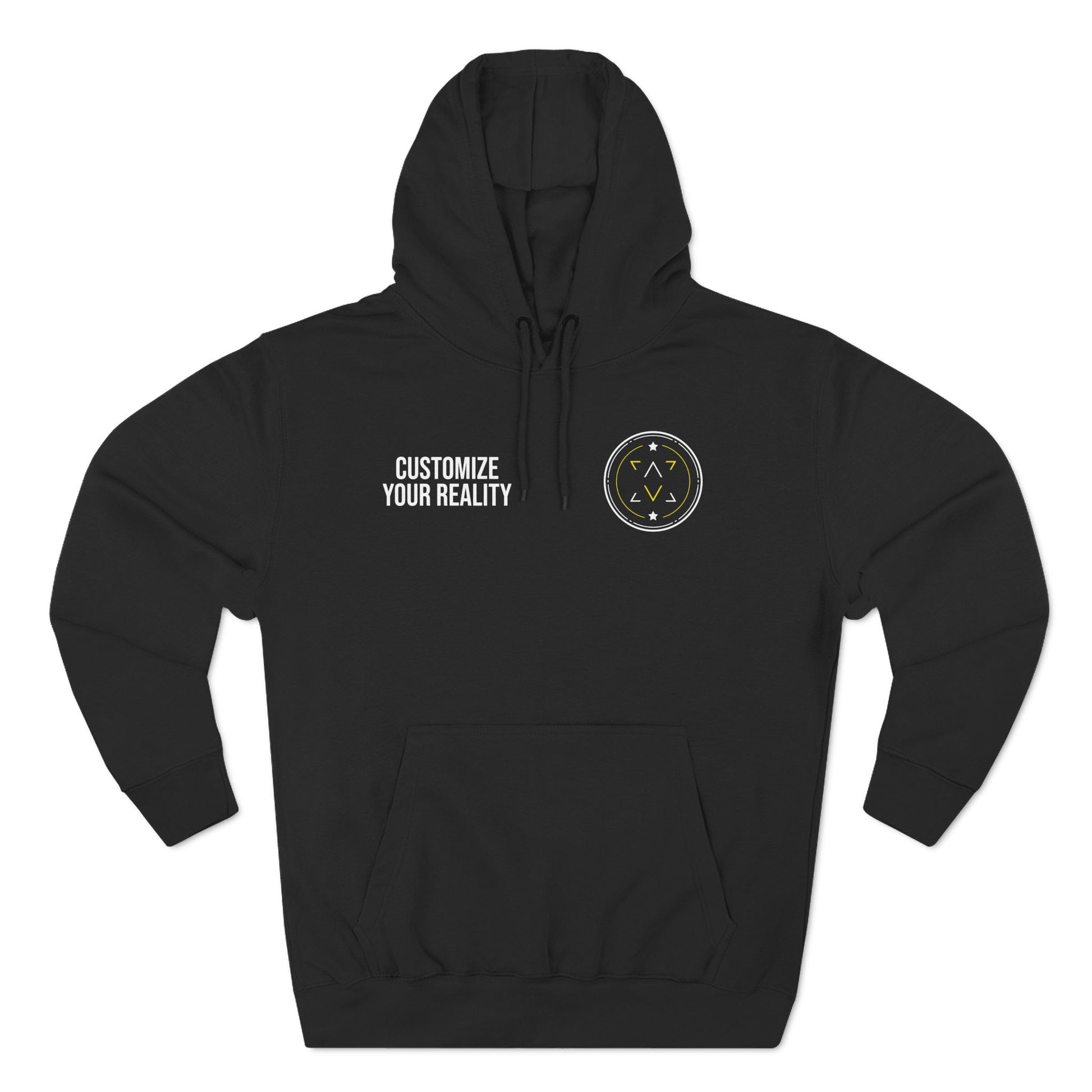 Black custom Lucid Reality hoodie, front emblem with personalization zone, flat
