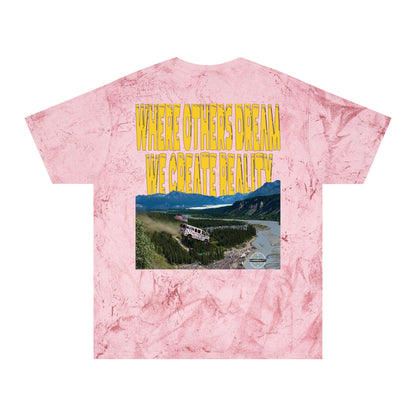 Clay Color Blast tee, marbled rust, Live Life Limitless back graphic, flat