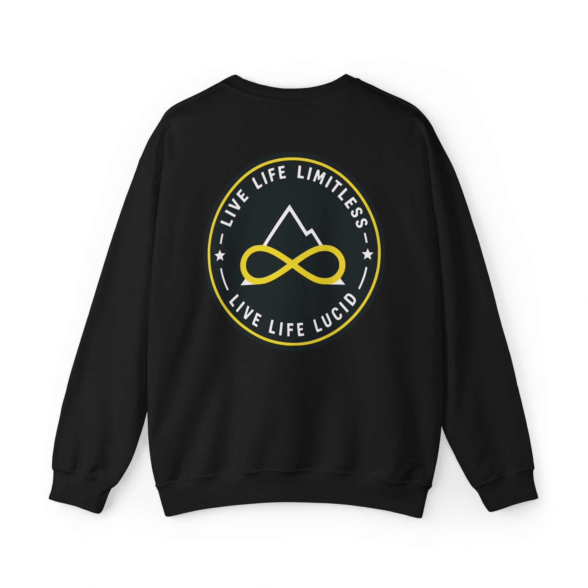 Back of the black Live Life Limitless Crewneck Sweatshirt with the gold mountain-and-infinity badge.