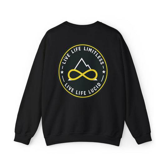 Back of the black Live Life Limitless Crewneck Sweatshirt with the gold mountain-and-infinity badge.