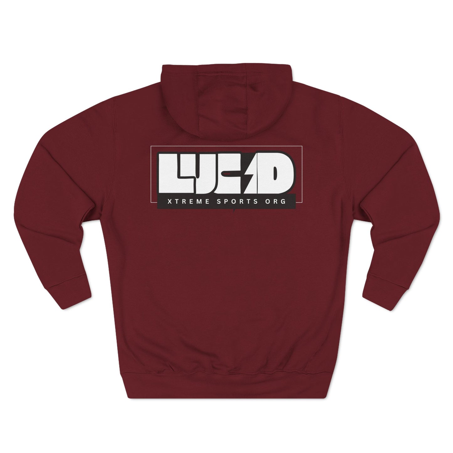 Burgundy Lucid Reality hoodie, block LUCID logo back graphic, flat
