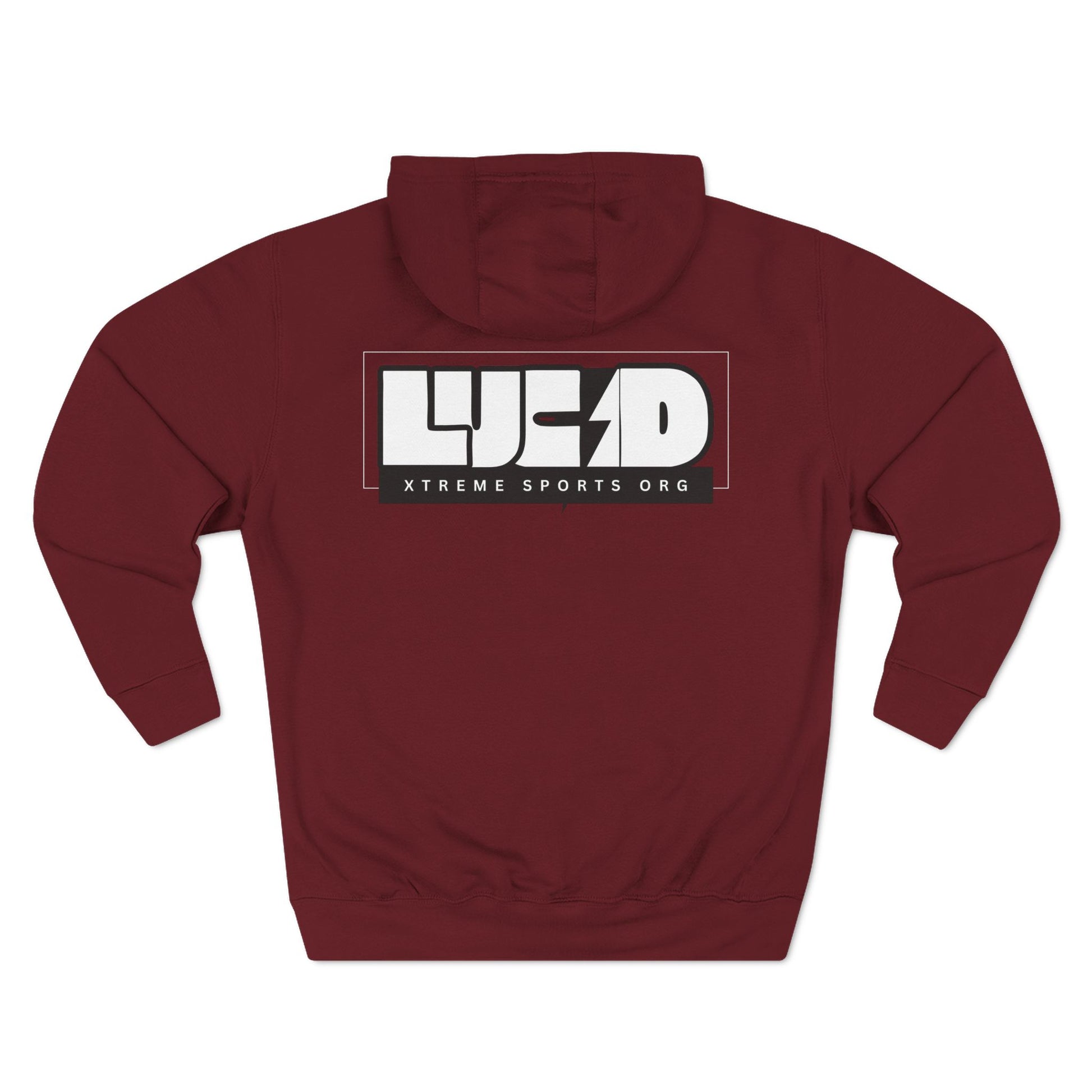 Burgundy Lucid Reality hoodie, block LUCID logo back graphic, flat