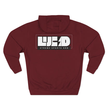 Burgundy Lucid Reality hoodie, block LUCID logo back graphic, flat