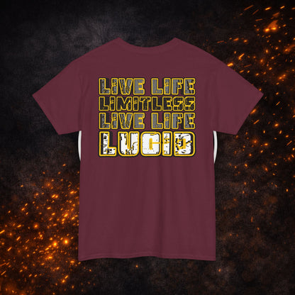 Back view of the maroon "Live Life Limitless Live Life Lucid" Tee featuring the gold lettering.