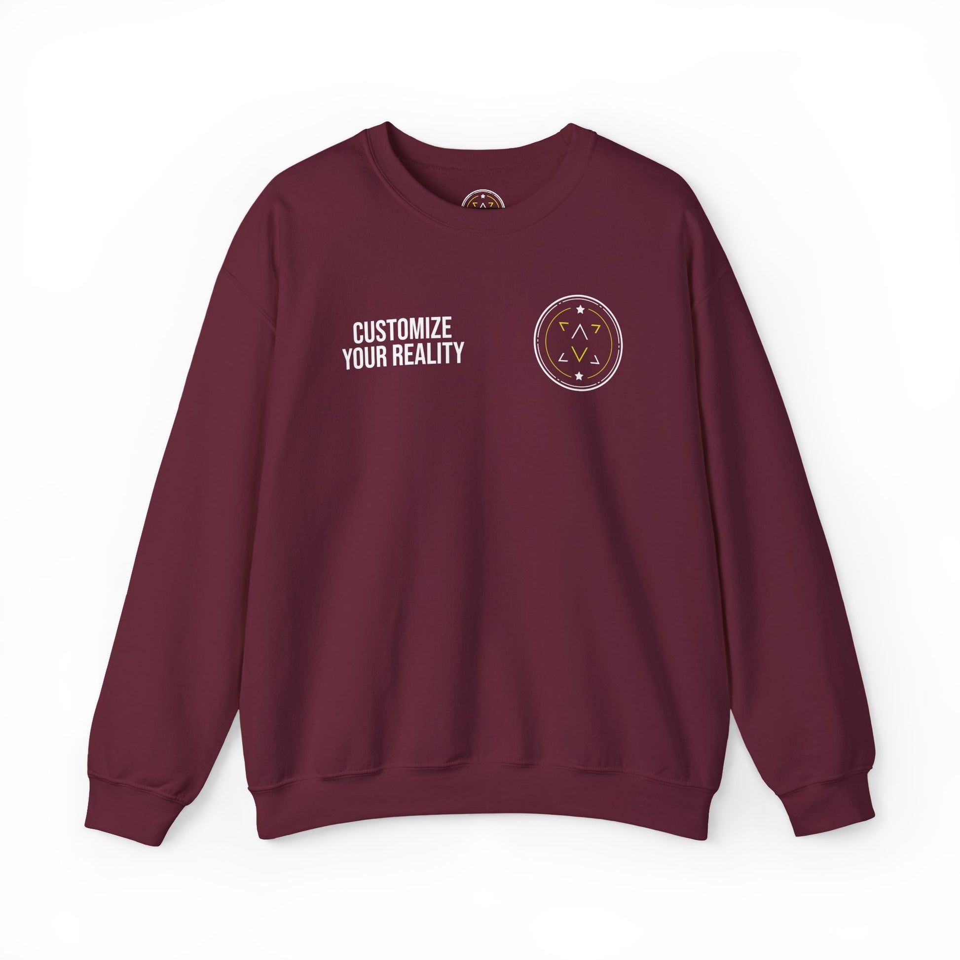 Maroon custom Lucid Reality crewneck, front view, flat