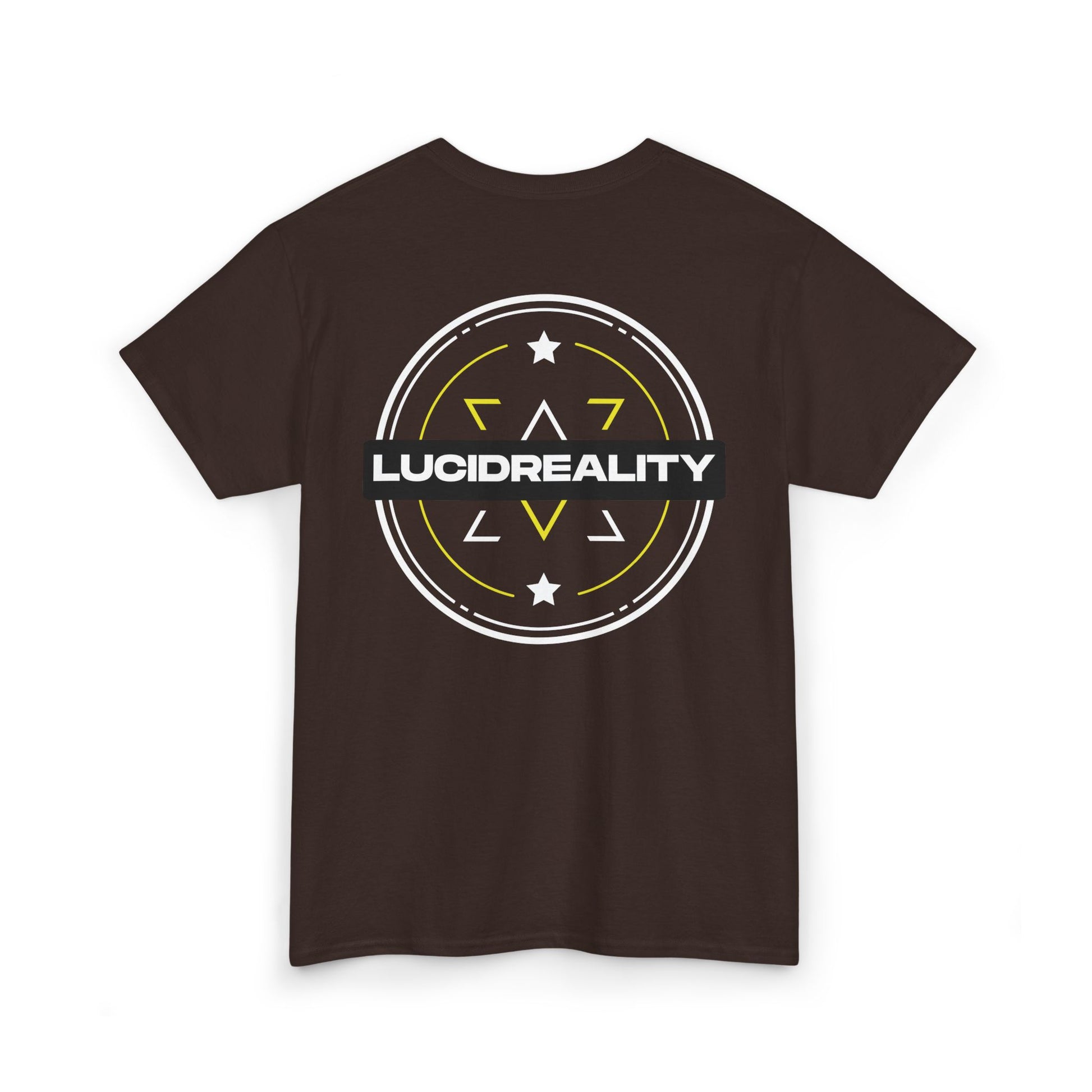 Dark chocolate Lucid Reality logo tee, back emblem, flat