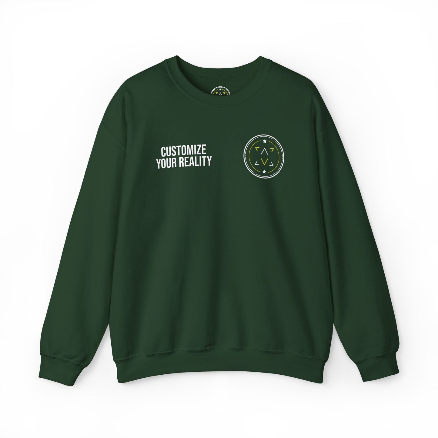 Forest green custom Lucid Reality crewneck, front view, flat
