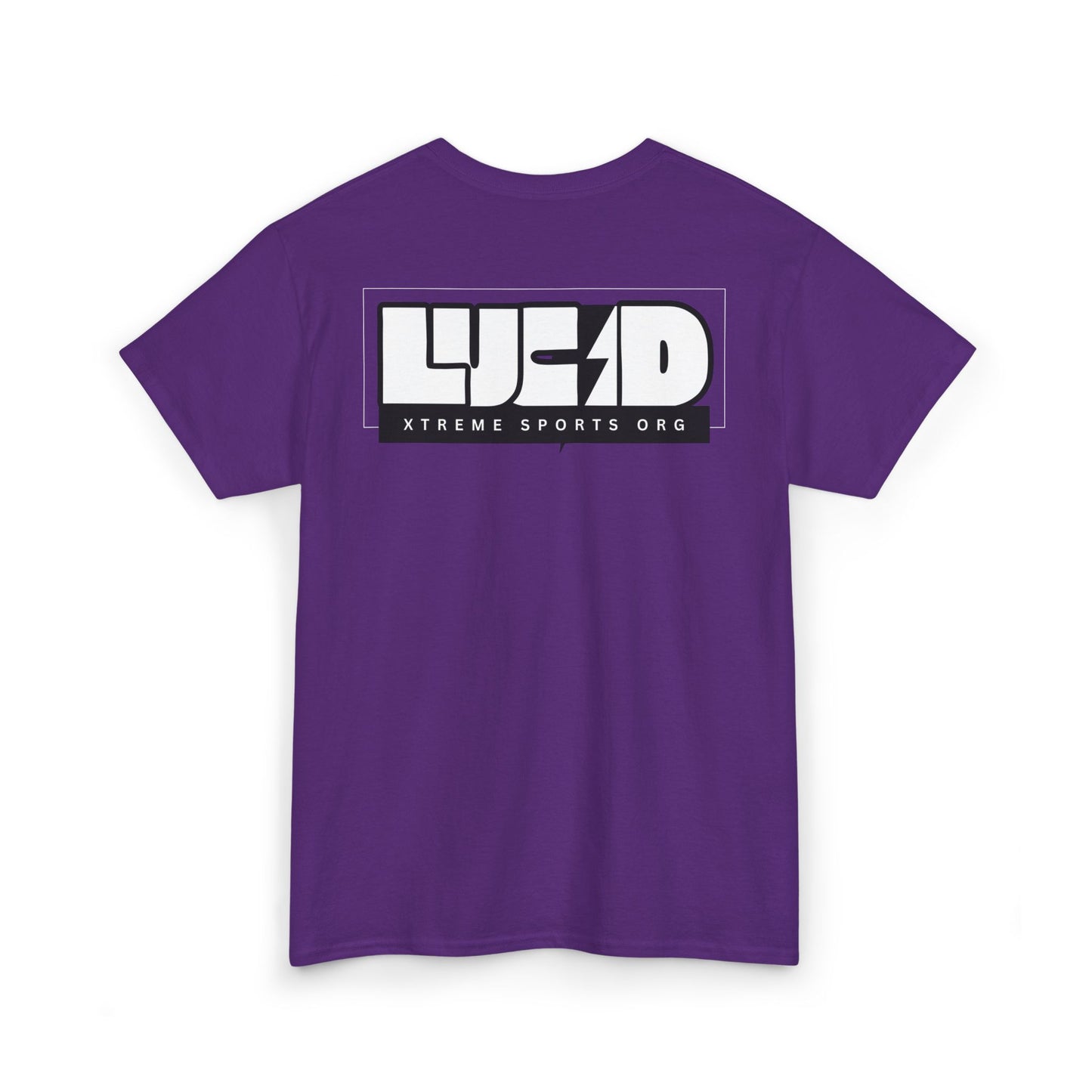 Back view of the purple Lightning Bolt Tee featuring the white LUCID design with lightning bolt detail.