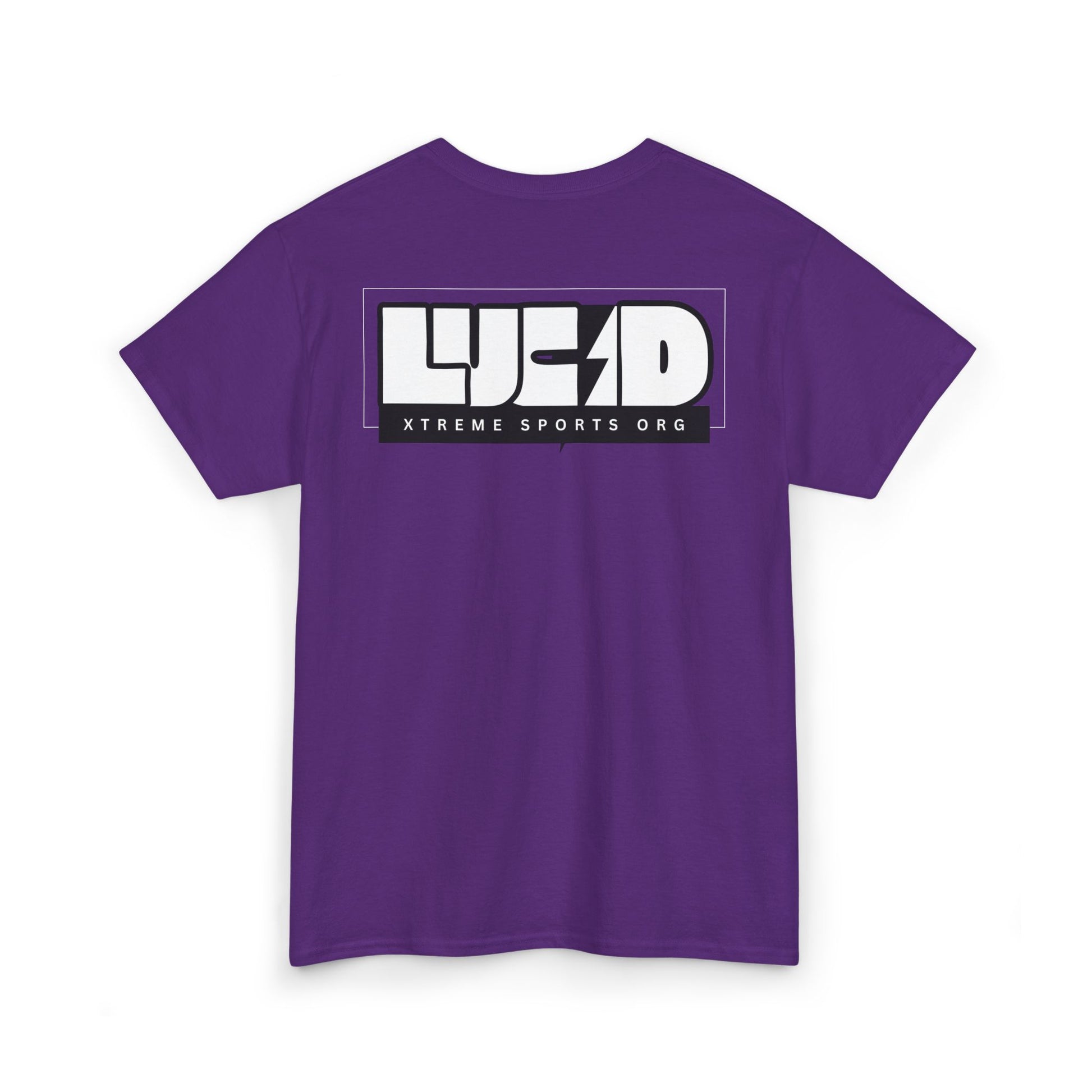 Back view of the purple Lightning Bolt Tee featuring the white LUCID design with lightning bolt detail.