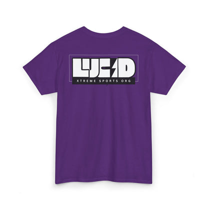 Back view of the purple Lightning Bolt Tee featuring the white LUCID design with lightning bolt detail.