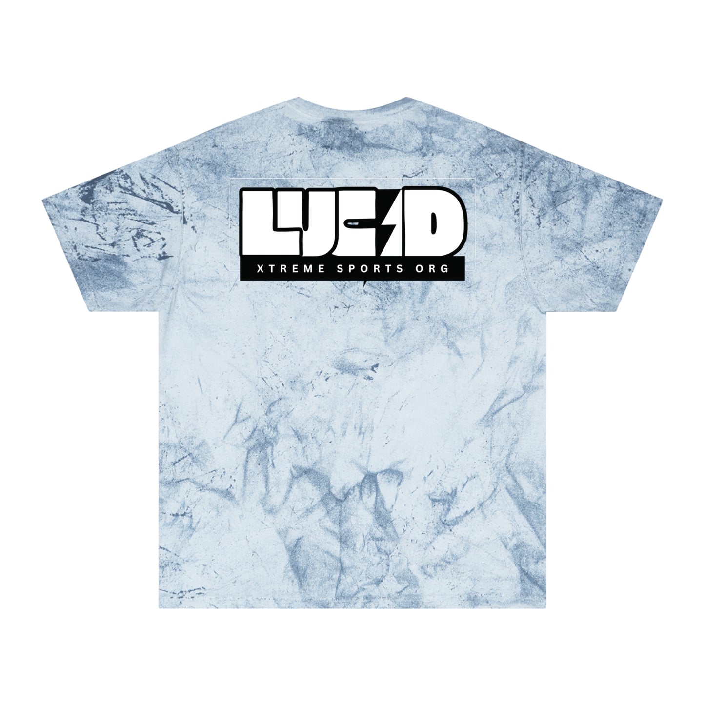 Ocean Color Blast tee, marbled blue, block LUCID logo back graphic, flat