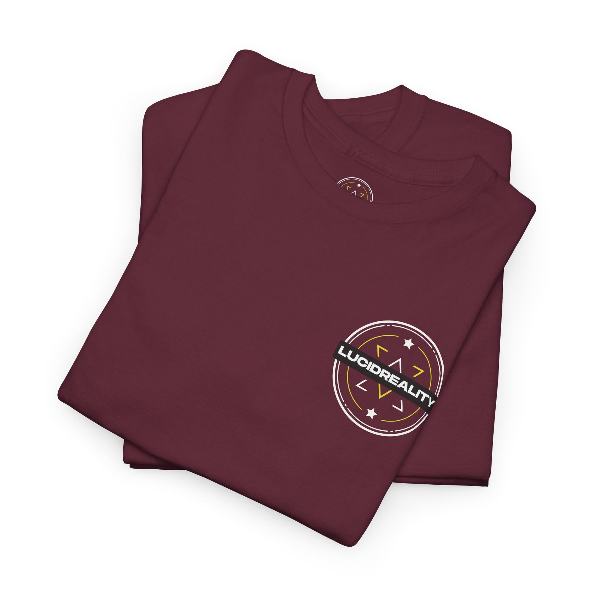 Maroon Logo Tee, folded with Lucid Reality logo, flat lay
