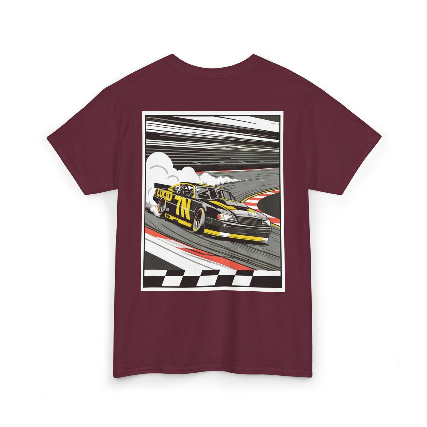 Navy Pro Stock Racing Tee, back Pro Stock car graphic, flat lay