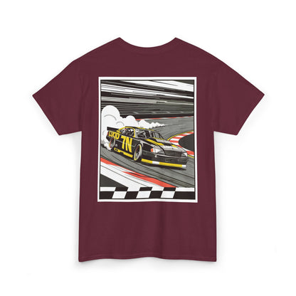 Navy Pro Stock Racing Tee, back Pro Stock car graphic, flat lay