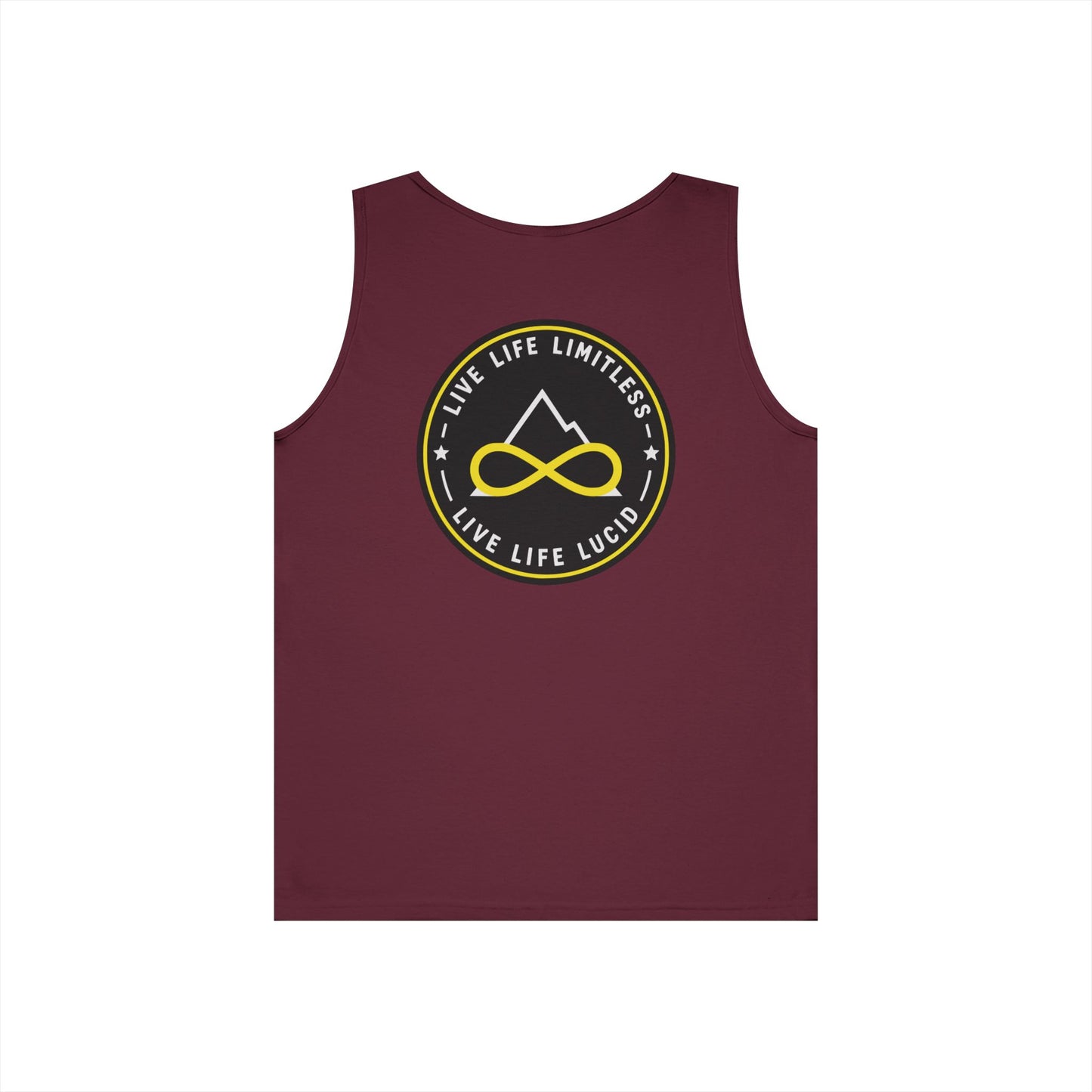 Maroon Live Life Limitless Badge Tank, back view, flat lay