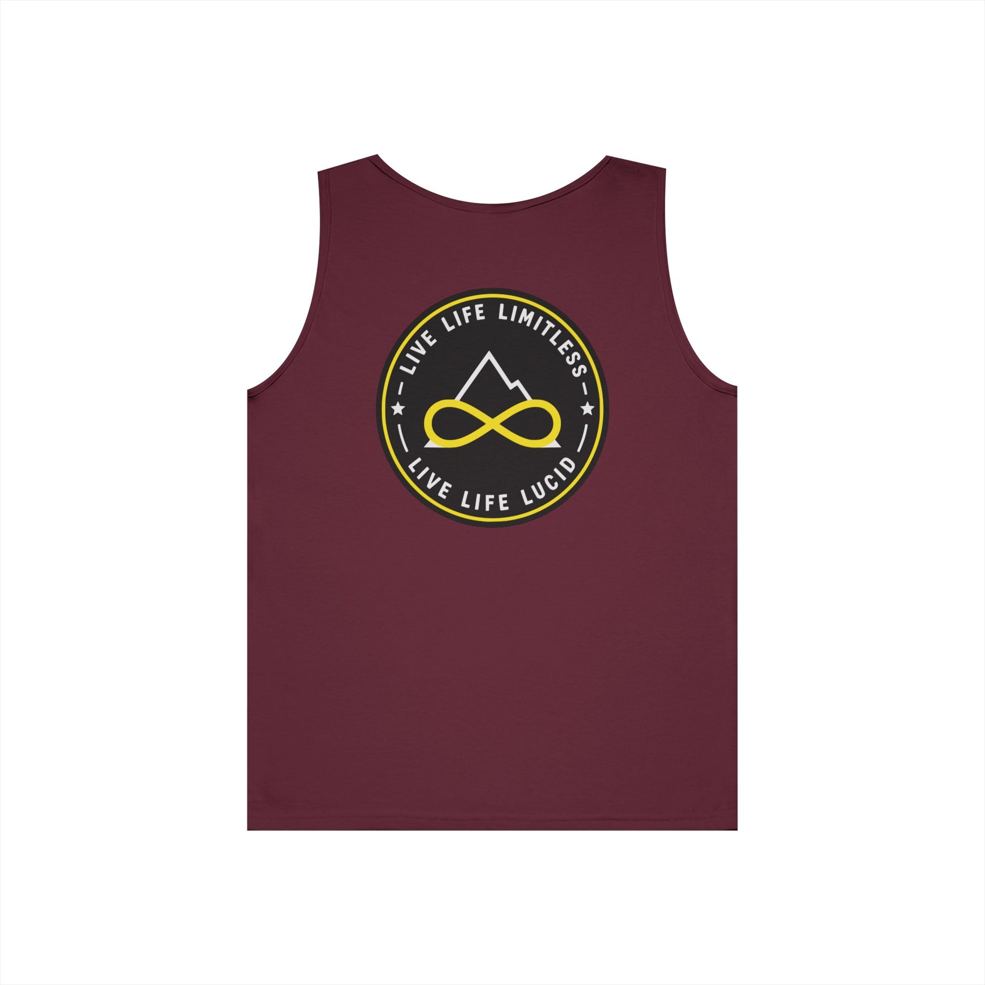 Maroon Live Life Limitless Badge Tank, back view, flat lay