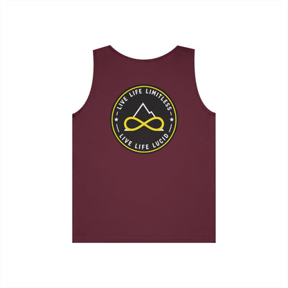 Maroon Live Life Limitless Badge Tank, back view, flat lay