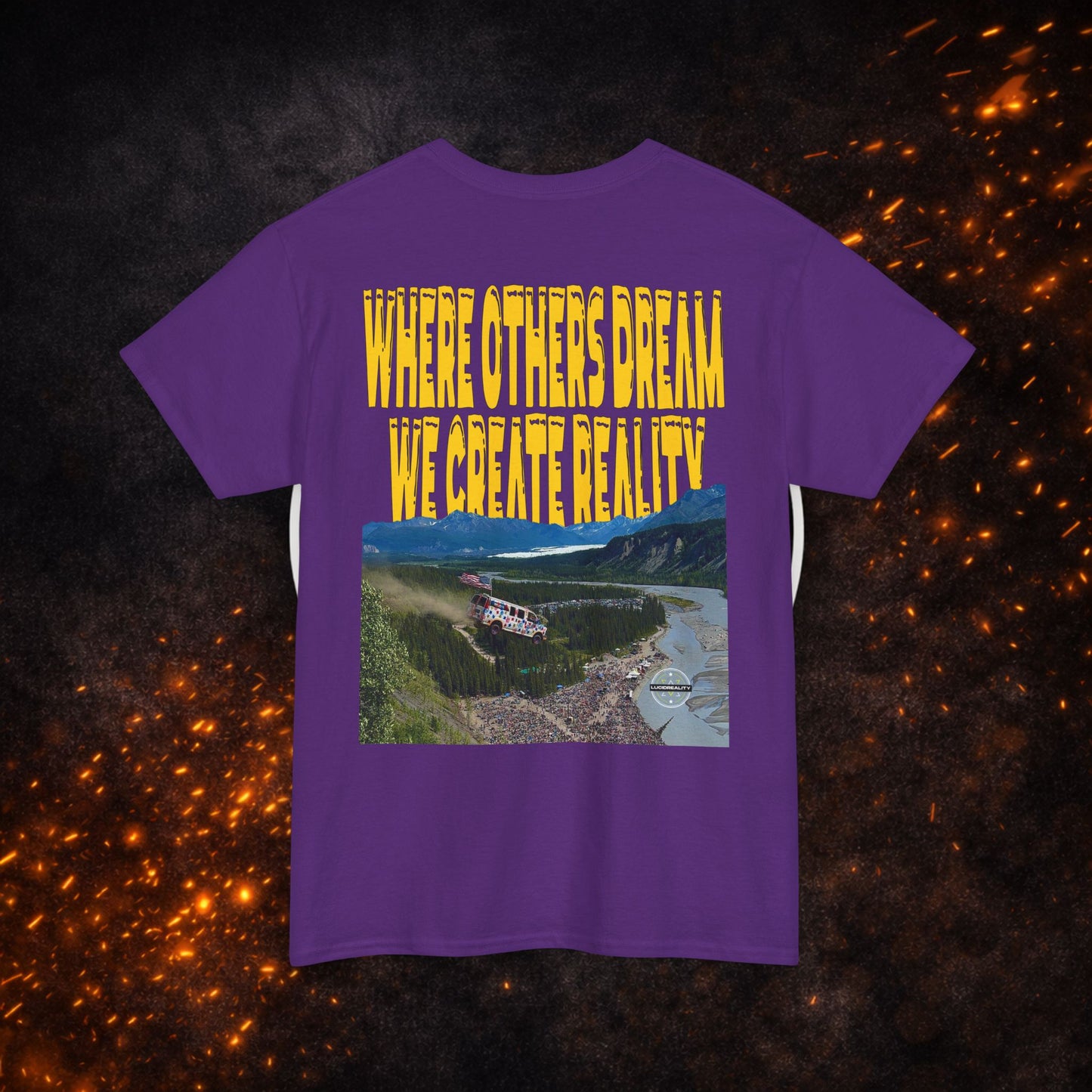 Back view of the purple Lucid Reality Where Others Dream Tee showing the "Where Others Dream We Create Reality" yellow text above a mountain and river landscape graphic.